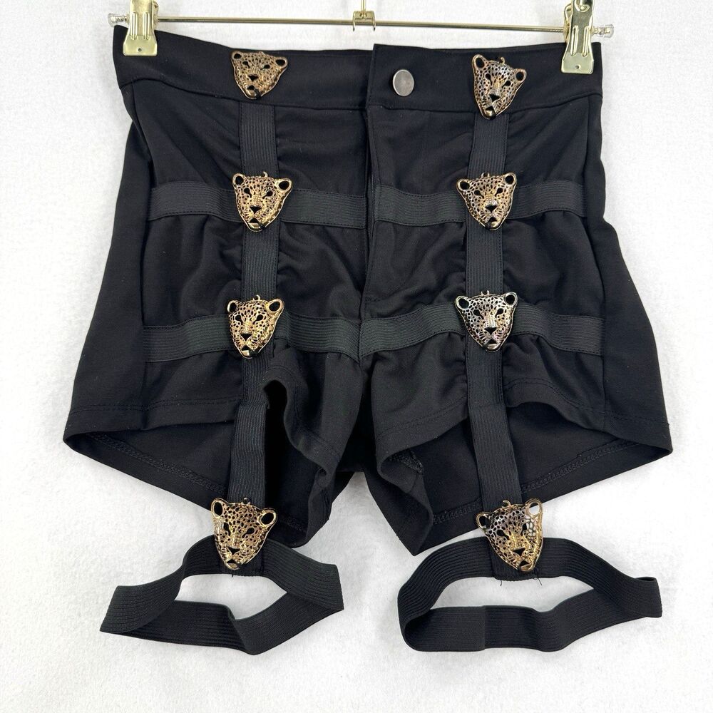 Y2K Black High Waist Shorts Women M Gold Leopard Garter Cage Clubwear Rave Party